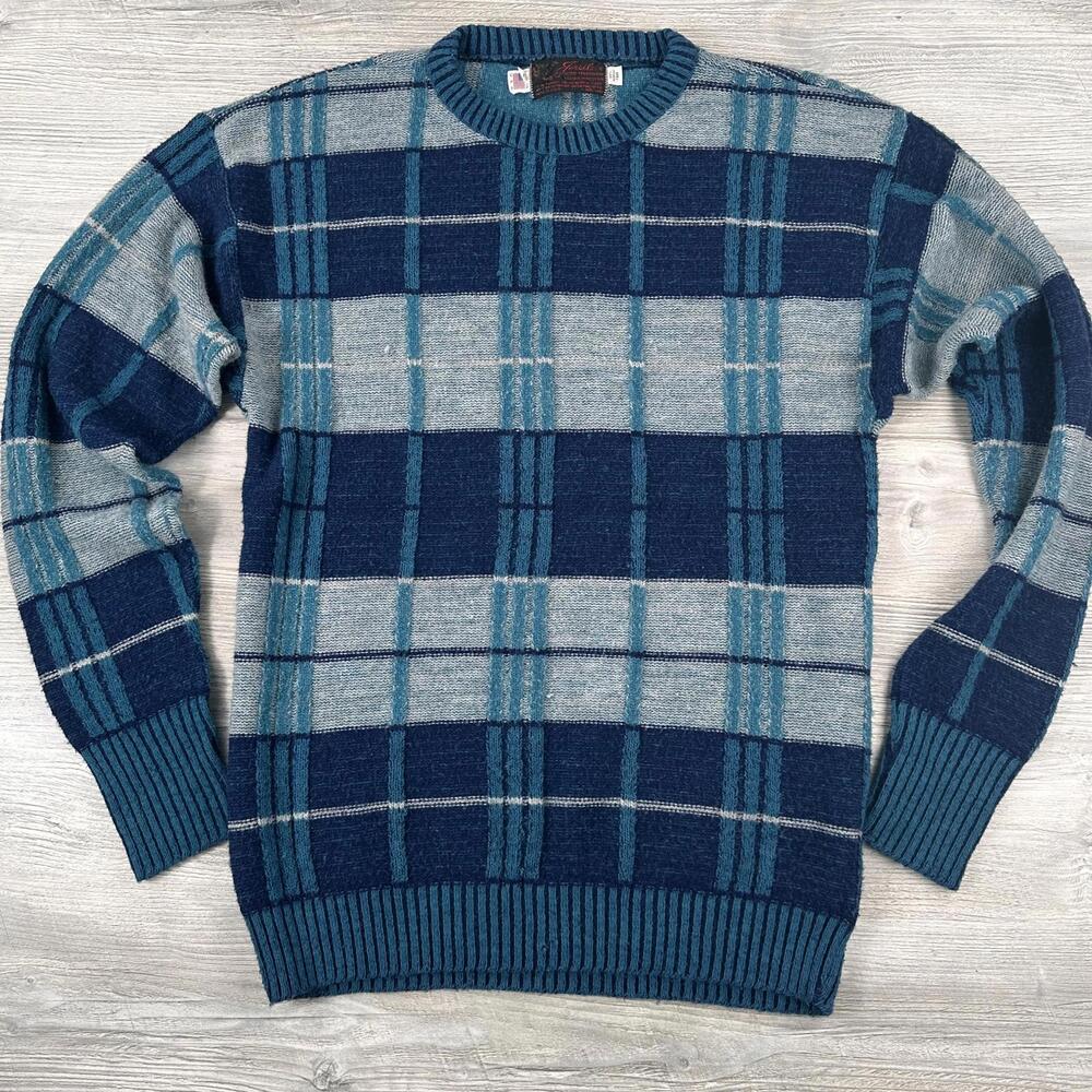 True Vintage Jersild Sweater Mens MT Navy Turquoise 3D Textured Knit Preppy EUC